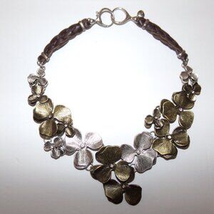 Fossil Flower Necklace Leather Silver Bronze Tone 16'' CZ Sparkle
